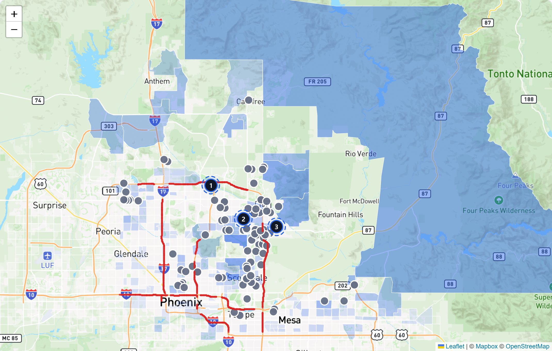 The market map from a live med spa scan of Scottsdale, AZ, with numbered suggested locations ranked by fit