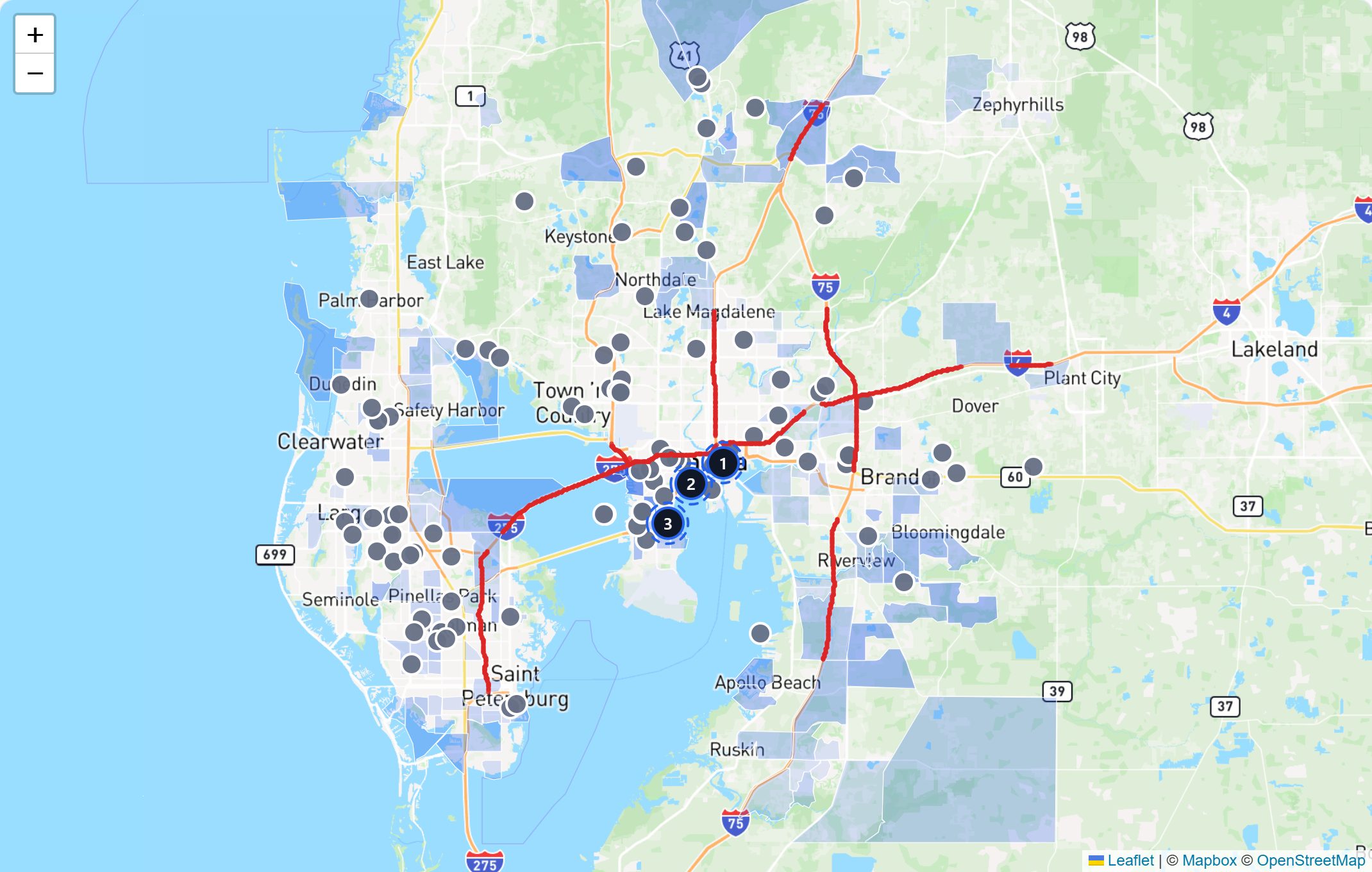 The market map from a live HVAC scan of Tampa, FL, with measured road traffic drawn on the busiest corridors